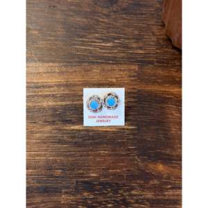 Zuni Handmade Opal & Sterling <b>Silver</b> <b>Stud</b> Earrings Flower Shaped with Bezel Setting for Gift - Product Image 4