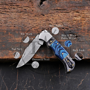 Couteau de poche pliant en acier Damas inoxydable avec verrouillage arrière, manche en bois, OEM, vente en gros, EDC, tranchant comme un rasoir, fournisseur B2B, logo personnalisé, 58HRC - Product Image 5