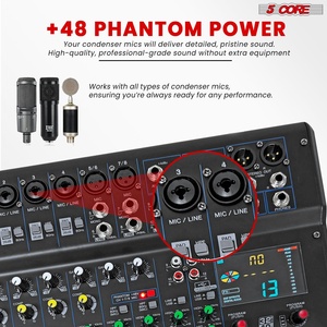 มิกเซอร์เสียง 5 คอร์ 12 ช่อง ดีเจ ซาวด์บอร์ด อินเตอร์เฟส USB บลูทูธ คอนโซลมิกซ์เสียง พร้อมเอฟเฟกต์ DSP 99 แบบ - Product Image 6