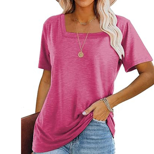 Women's Casual Pink T-Shirt Square Neck Short Sleeve Solid Color Embroidery Print Design Made Polyester Canvas Material - Product Image 1