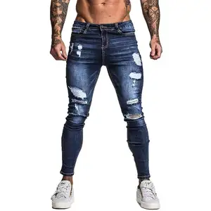 High street terbaru gaya Amerika denim jins kasar pakaian pria slim fit merusak jeans 2024