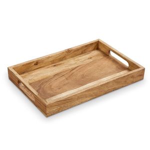 Bandeja de madera Rectangular de alta calidad JOY SERVING para servir comida, desayuno, postre, bandeja de madera de acacia con mango de Metal - Product Image 2