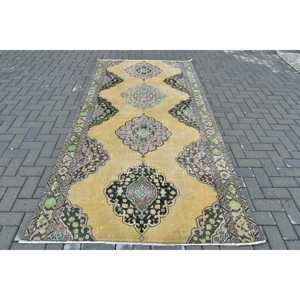 Vintage Large Rug 4.7x9.4 ft, <b>Yellow</b> Floral Turkish <b>Wool</b> Rug - Product Image 1