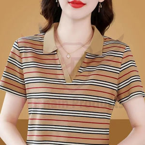 Diseño personalizado de las mujeres con cuello elegante de manga corta a rayas Polo Camiseta de algodón de talla grande Polos de las mujeres - Product Image 4