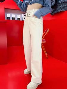 กางเกงเอวสูงขากว้างสำหรับผู้หญิงฤดูใบไม้ร่วงกางเกงหนังแกะแท้กางเกงขายาว4XL ลำลอง - Product Image 5