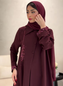 Abaya en soie brodée marron anti-rides avec foulard assorti, robe musulmane élégante et modeste, tenue de prière élégante pour femmes adultes - Product Image 3