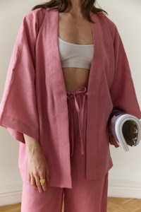 Timeless Fashion Lin Wrap Kimono Coord Set avec Poches Ceinture Longue Longueur Manches Courtes Style Japonais Tissé Taille Naturelle - Product Image 3
