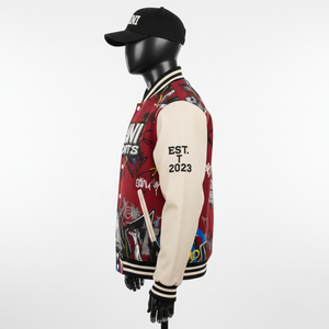 Premium 450GSM Wool Varsity <b>Jacket</b> <b>Red</b> Body Beige Sleeves Graffiti Style Embroidery Applique Custom Logo Varsity <b>Jacket</b> for Men - Product Image 2