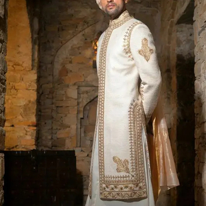 NEW--TRENDY DESIGN of GOLD ZARI EMBROIDERY on WHITE SHERWANI, KURTA WITH <b>PANT</b> DRESS for PARTY-WEAR/WEDDING @ 2024 - Product Image 1