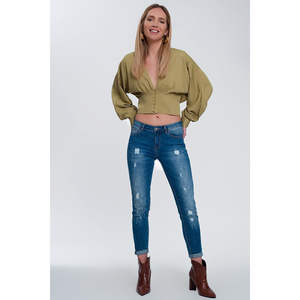 Top Corto Verde de Gasa con Mangas Abullonadas, Logotipo Bordado, Diseño a Cuadros Vintage, Talla XL, Elegante y Formal con Encaje para Primavera y Otoño - Product Image 6