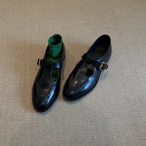 Zapatos Mary Jane de Tacón Grueso para Mujer, de Cuero, con Punta Redonda y Correa, Zapatos Brogue Vintage Casuales de Oficina para Mujer - Product Image 1