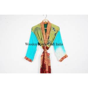 Robe de salon élégante pour femmes, style bohème japonais, en soie, kimono, robe de festival, motif floral non tissé, fermeture à cordon, manches longues - Product Image 2