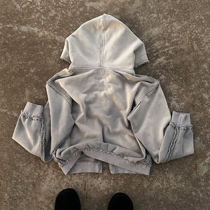 Huili Distressed Washed Heavy Weight Cotton Zipup <b>Hoodies</b> <b>Men</b> Custom logo Design Vintage Ripped <b>Oversized</b> Zip up <b>Hoodies</b> - Product Image 2