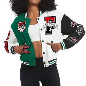 Veste bomber courte de style universitaire pour femmes, streetwear, design de luxe, veste courte de style universitaire pour femmes, corps en laine, manches en cuir - Product Image 4