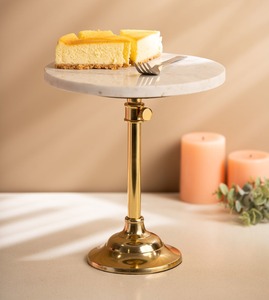 Support à gâteau de luxe en marbre blanc avec base en laiton doré, piédestal à dessert moderne à hauteur réglable, présentoir à pâtisserie rond pour événements - Product Image 1