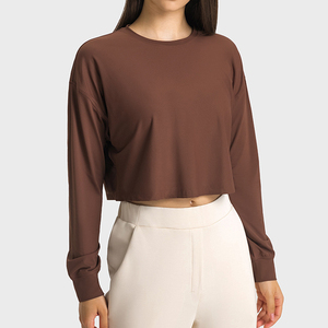 เสื้อครอปฤดูร้อนของผู้หญิงเสื้อยืดแขนยาวระบายอากาศดีไม่มีปกเสื้อลำลองเซ็กซี่สีทึบพิมพ์ลายดิจิตอล - Product Image 5