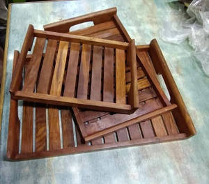 Elegante juego de bandejas de madera de acacia para servir Ideal para el hogar, hoteles de playa, restaurantes, práctico servicio y exhibición decorativos - Product Image 2