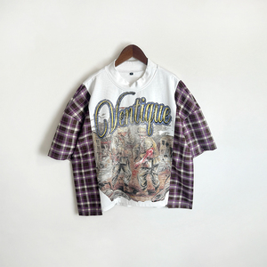 drop shoulder t-<strong>shirts</strong> short sleeve t-<strong>shirt</strong> dtg custom boxy cropped high collar <strong>patchwork</strong> t <strong>shirt</strong> - Product Image 1