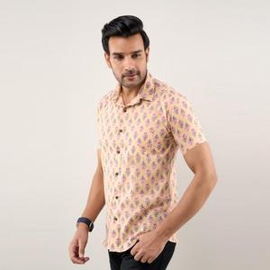 Men's Brownish Peach Floral Casual Shirt 100% Cotton Poplin Regular Fit Button-<b>Up</b> Collar Breathable Size 6XL for Summer Fashion - Product Image 4