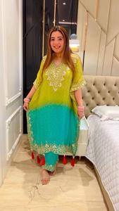 Séquence de soie Chinon de fête et de mariage de créateur lourd brodé et imprimé avec caftan Latkan lourd et pantalon avec Dupatta - Product Image 5