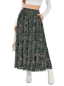 Jupe longue plissée en mousseline de soie à motif floral pour femme, taille élastique, longueur cheville, avec poche, style bohème doux, toutes saisons - Product Image 1
