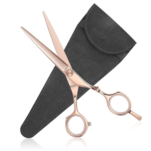 Ciseaux de salon en acier inoxydable enduits de couleur or rose avec pochette en cuir PU et repose-doigt réglable - Product Image 1
