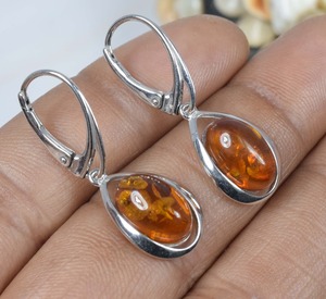 925 solid Sterling <b>Silver</b> Natural Baltic Amber Russian Lock Earring - Product Image 3