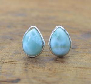 Handmade Classical Stud Earrings 925 <b>Solid</b> <b>Silver</b> Jewelry For Women 925 Sterling <b>Silver</b> Larimar Gemstone Boho Style Earrings - Product Image 3