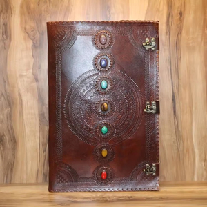 Unique Seven Stone Embossed Leather Brass C Lock <b>Journal</b> Stone Book Dairy with Wood Free Handmade Deckle Edge Paper - Product Image 1