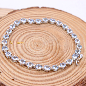 Handmade Women's Tennis <b>Bracelet</b> Natural round <b>Aquamarine</b> Gemstone Diamond 14k Solid White Gold for Weddings Wholesale Jewelry - Product Image 4