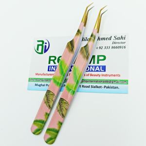 Pinzas japonesas de acero inoxidable con aislamiento de 45 grados para extensión de pestañas, pinzas de Punta dorada de alta demanda, revestimiento de papel con estampado de hojas - Product Image 3