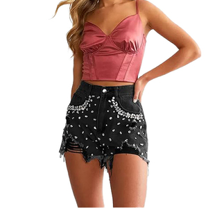 กางเกงขาสั้นผ้ายีนส์เอวสูงที่ดูผอมเพรียวมีขอบประดับด้วยพลอยเทียมยืดซักได้เล็กน้อย - Product Image 2