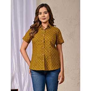 Camisa de Manga Media para Mujer, de Algodón Color Mostaza, Estampada, de Popelina - Product Image 1