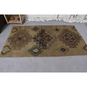 พรมขนสัตว์ทรงเรขาคณิตสีเบจสีน้ำตาลวินเทจทำด้วยมือขนาดกลาง3.7x6.7ฟุตสี่เหลี่ยมงานปะต่อกันดีไซน์ยางเป็นมิตรกับสิ่งแวดล้อม - Product Image 3