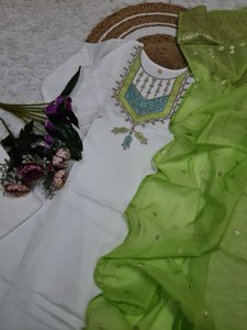 Premium Chanderi Embroidered Kurti with Bottom & Heavy Jacquard Dupatta Traditional Indian <b>Suit</b> Set - Product Image 6