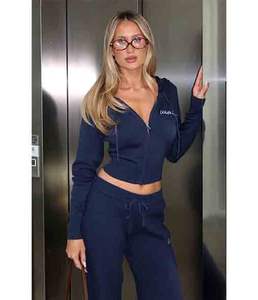 2 pièces, sweat-shirt à capuche zippé pour femme, décontracté, brodé, long, uni, couleur marine, personnalisé - Product Image 6