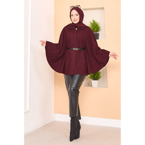 Autumn Warm Houndstooth Patterned Belted Hijab <b>Poncho</b> Burgundy - Product Image 1