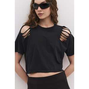 T-shirt court pour femme avec épaules dénudées, style décontracté, col à nœud, 100% coton respirant, décoré de diamants, taille unique - Product Image 2