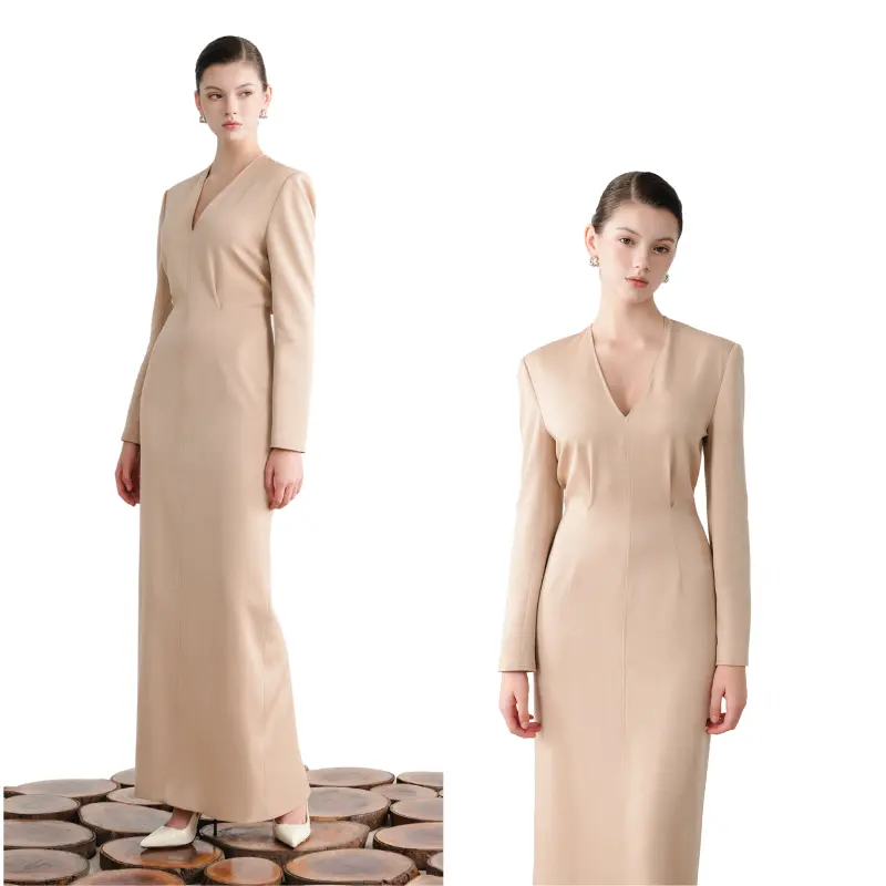 여성 드레스 공식 뜨거운 판매 산드로 롱 원피스 V-넥 데니트 백 새틴 조젯 사용자 정의 포장 지속 가능한 패션