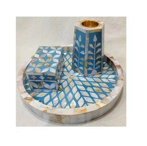 Mop Blue <b>Colour</b> Quality Handicrafts Mother of Pearl Inlay Tray Box Incense Burner Set Mop Mubkhar Ramadan Gift Dukhoon - Product Image 1