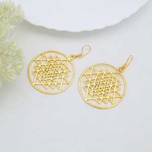 Fashionable Brass Shri Yantra <b>Dangle</b> <b>earring</b> 18k <b>Gold</b> Plated Geometric Drop <b>Earring</b> Statement Mandala Sacred Handmade Wholesale - Product Image 4