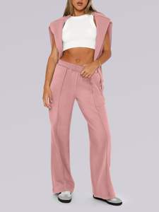 Tenues 2 pièces automne 2024 pour femmes sweat à capuche surdimensionné et pantalons de survêtement à jambes larges avec décoration de bouton haut long pour ensemble de salon - Product Image 4