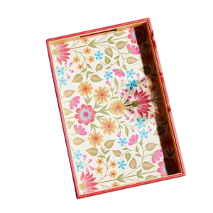 Plateau de service rectangulaire en bois de manguier fait à la main avec motifs floraux imprimés, design luxueux et tendance - Product Image 1