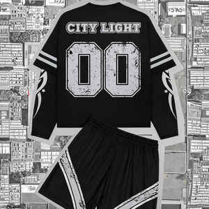 Custom <b>Long</b> Sleeve Double Layer T Shirt Screen Print Jersey Stripe Mesh <b>Shorts</b> Set Jersey Boxy Crop <b>Men</b> Tshirt and <b>Shorts</b> Set - Product Image 4