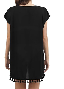 ชุดชายหาดสีดำสำหรับผู้หญิงที่มีคอกว้างแขนสั้นพู่ชายเสื้อใส่สบายเนื้อผ้าเบาดูสบายๆฤดูร้อน - Product Image 2