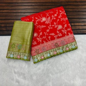 Saree georgette Banarasi Khadi de qualité supérieure avec tissage Meenakari, corps tissé riche Pallu et Zari lourd Vêtements de mariage indiens traditionnels - Product Image 4