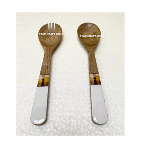 Ustensile de cuisine pour servir les couverts à salade cuillère et fourchette serveur à salade vente chaude manguier bois blanc manche en marbre - Product Image 1