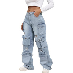 Pantalones vaqueros rasgados elásticos de cintura media de Color sólido a la moda para mujer de talla grande, Vaqueros ajustados informales de verano con decoración de botones - Product Image 1