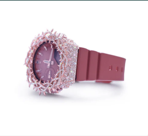 Cadran rouge rose avec lunette sertie de pierres précieuses roses, boîtier en acier inoxydable, finition mate, résistance à l'eau 10 bars, bracelet en acier inoxydable - Product Image 2