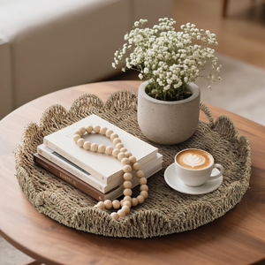Vietnamese Handwoven Natural Farmhouse Seagrass Scalloped Oversized Serving <b>Tray</b> with Handles Factory Price for Bathroom Desk - Product Image 4